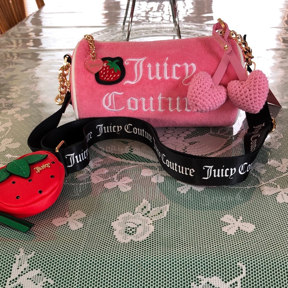 Juicy Couture Pink Velvet Barrel Bag with Heart Charm and Strawberry Pouch - Picture 8 of 11